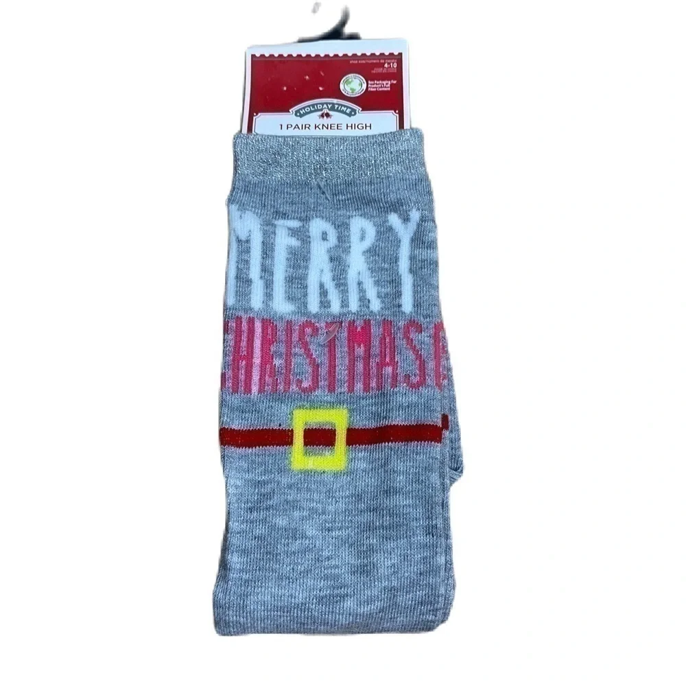 Merry Christmas Knee High Socks NEW Gray Women’s